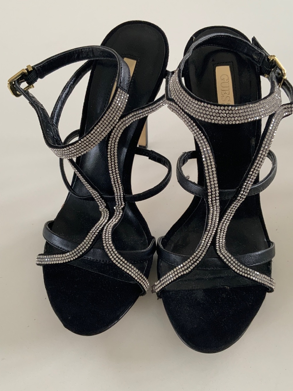 GUESS Black Crystal-Embellished Strappy Heels